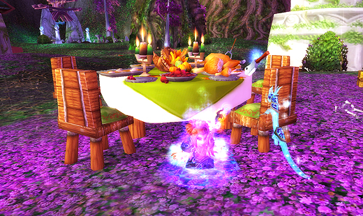 Apple Cider casts a portal in front of a Pilgrim's Bounty table.
